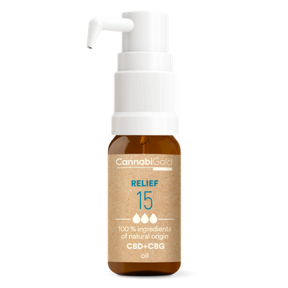 Olej CannabiGold Relief 15 % (13,5 % CBD, 1,5 % CBG), 1800 mg, 12 ml